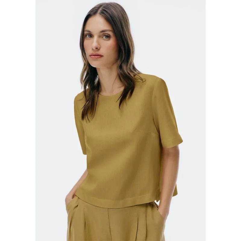 Blusa Feminina Manga Curta Com Linho - Caqui XG