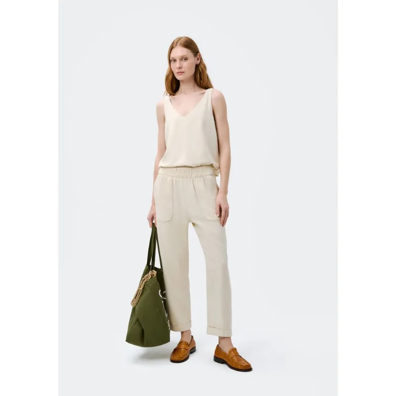 Calça Feminina Carrot Cintura Alta Em Viscose Creponada - Bege M