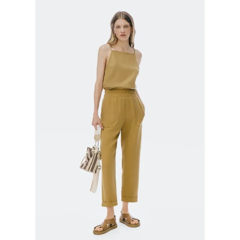 Calça Feminina Carrot Cintura Alta Em Viscose Creponada - Caqui G