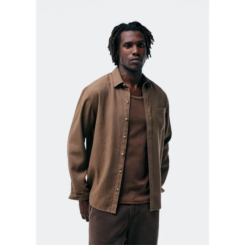Camisa Básica Masculina Manga Longa Slim Em Linho - Marrom P
