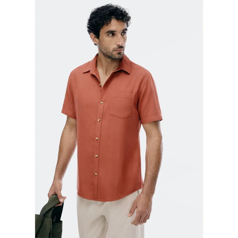 Camisa Básica Masculina Manga Curta Em Linho - Laranja XXG