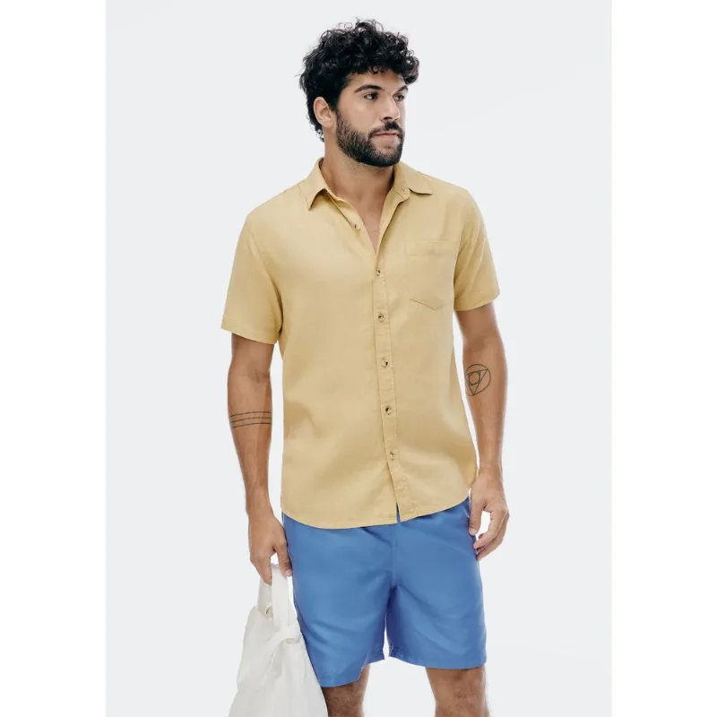Camisa Básica Masculina Manga Curta Em Linho - Amarelo M