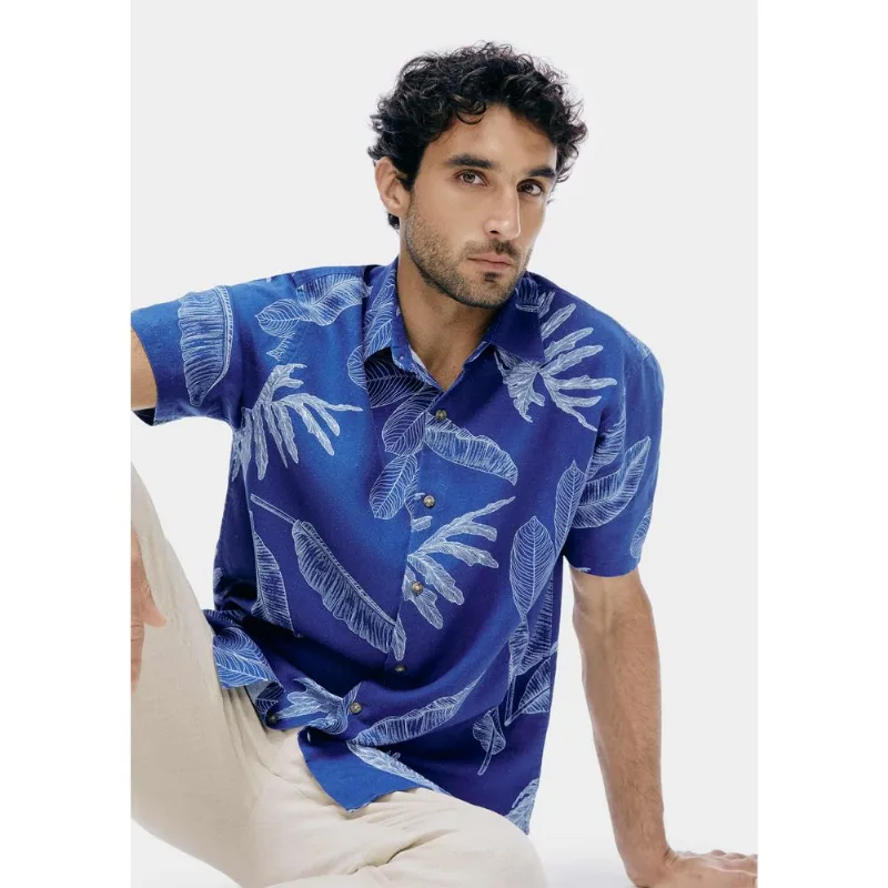 Camisa Masculina Manga Curta Estampada Em Linho - Azul XG