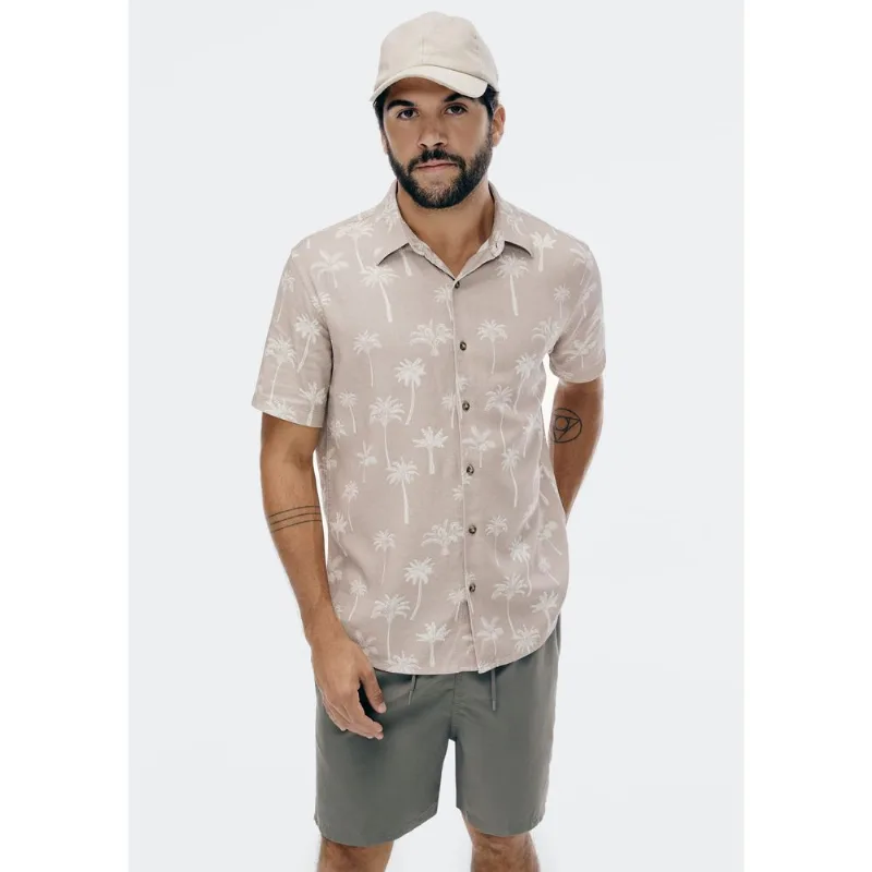 Camisa Masculina Manga Curta Estampada Em Linho - Bege XG
