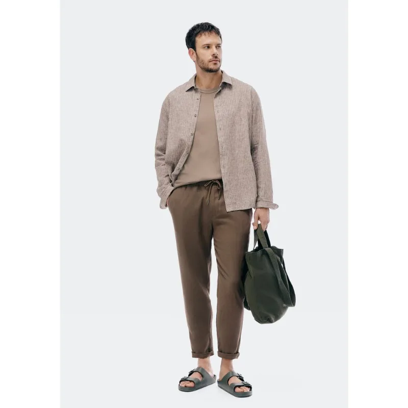 Calça Básica Masculina Taper Em Linho - Marrom G