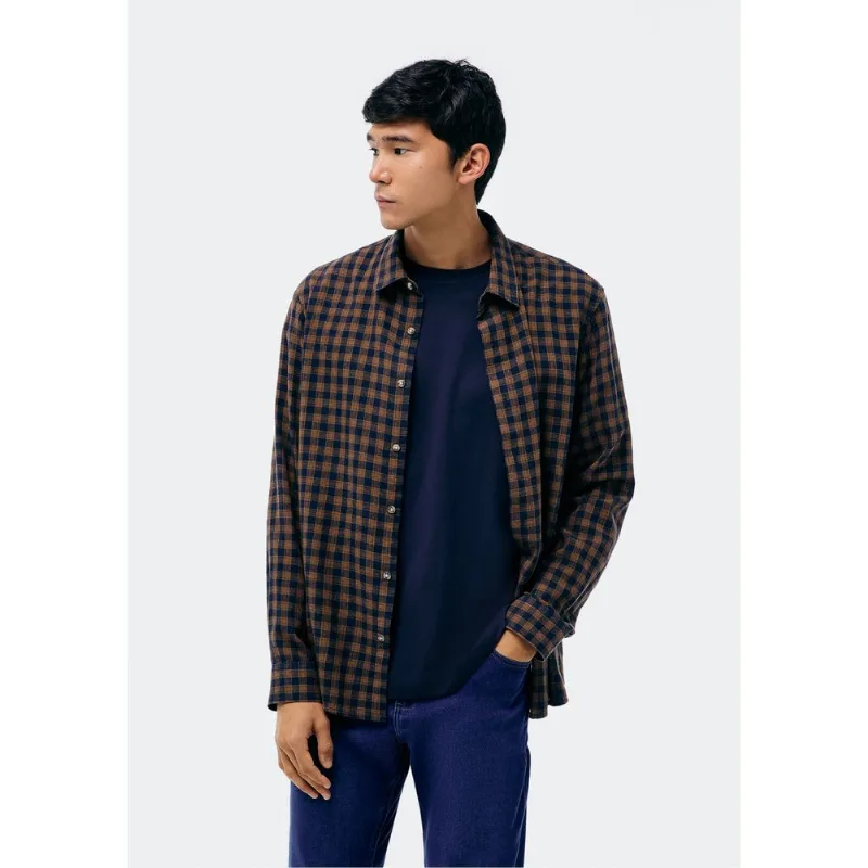 Camisa Masculina Manga Longa Xadrez Em Linho - Marrom M