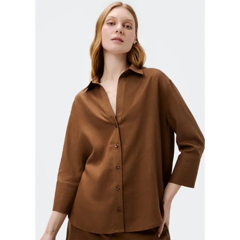 Camisa Feminina Manga 7/8 Com Linho - Marrom M