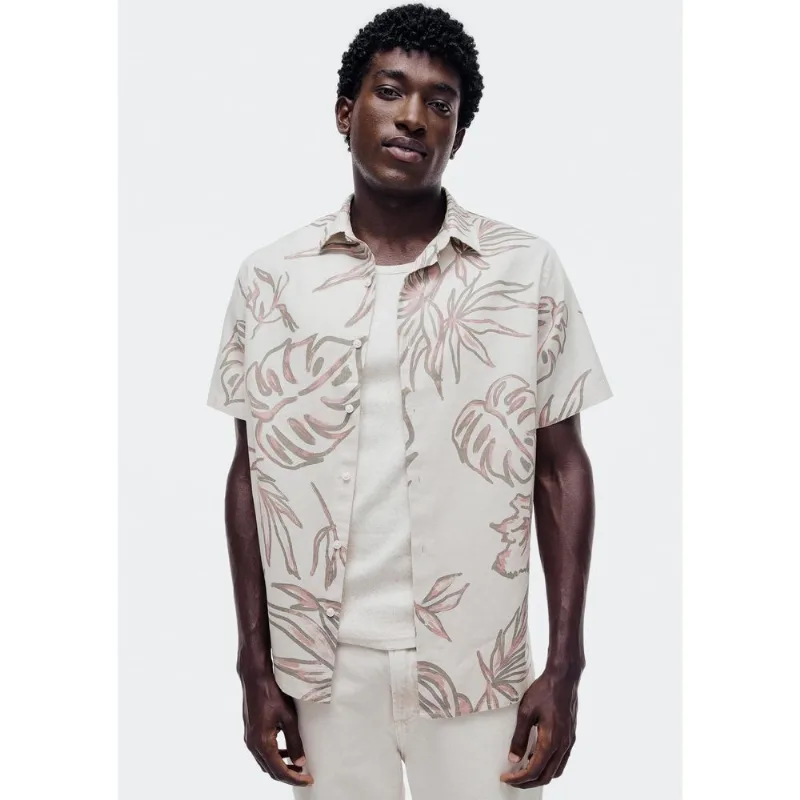 Camisa Masculina Manga Curta Estampada Com Linho - Bege P