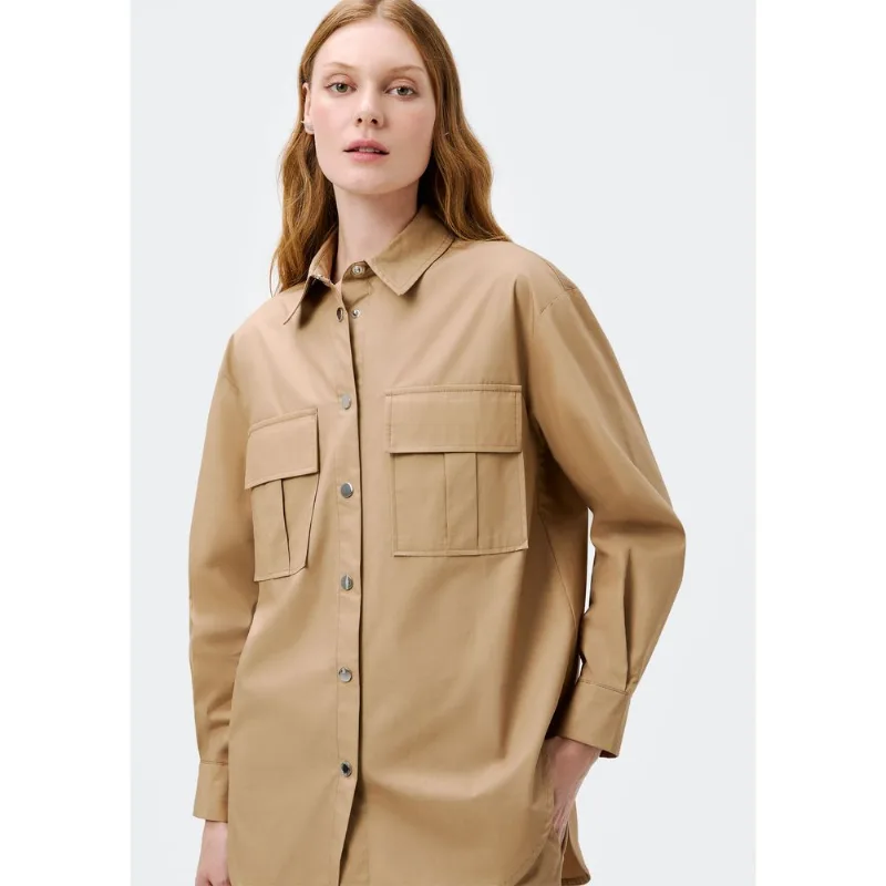Camisa Feminina Manga Longa Com Bolso - Bege M