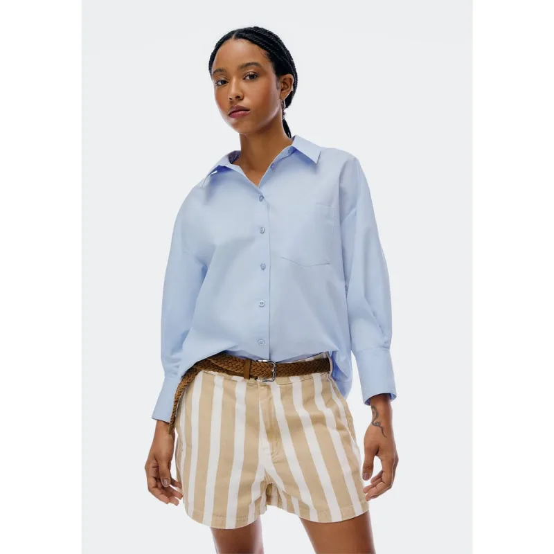Camisa Feminina Manga Longa Com Bolso - Azul M