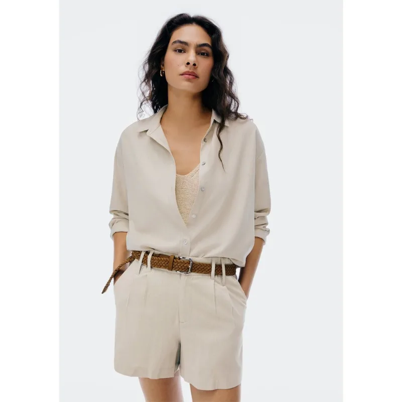 Camisa Feminina Manga Longa Oversized Em Linho - Creme XG