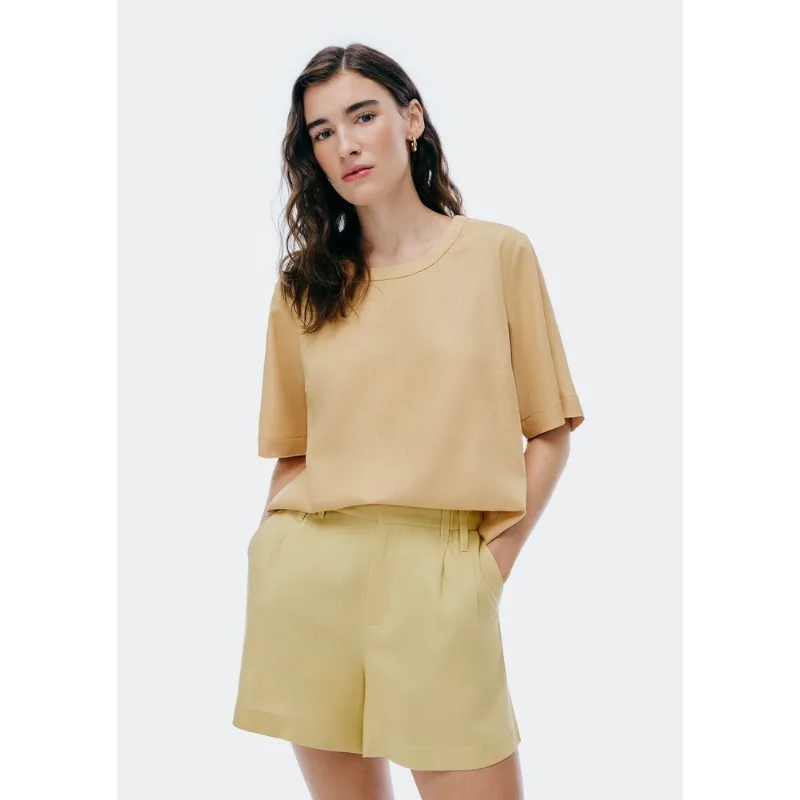 Blusa Feminina Manga Média Com Linho - Bege G