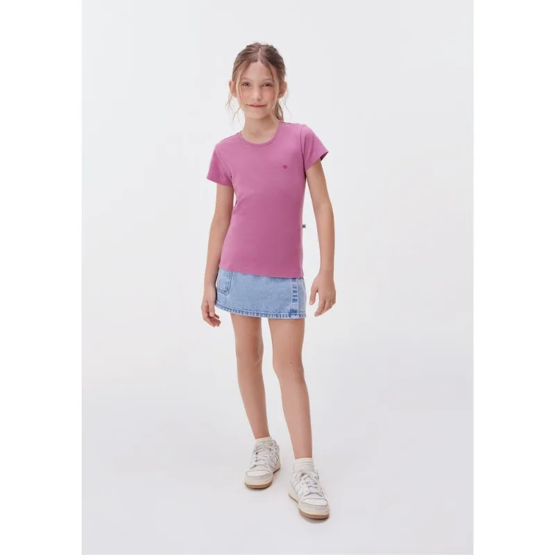 Blusa Básica Infantil Menina Manga Curta Slim Com Bordado Coração - Lilás 014