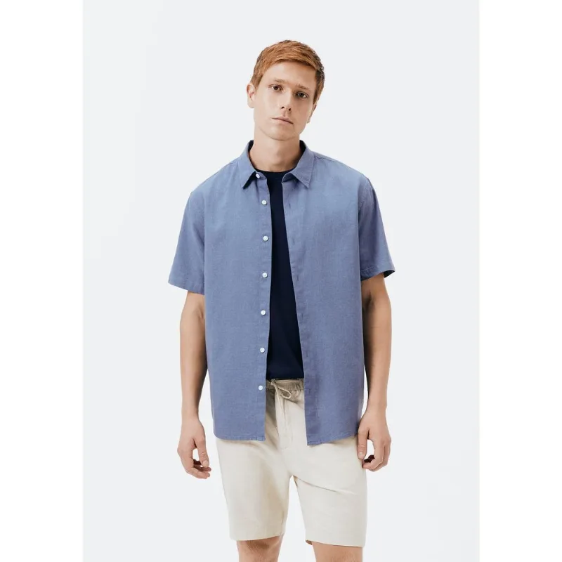 Camisa Masculina Manga Curta Slim Com Linho - Azul M