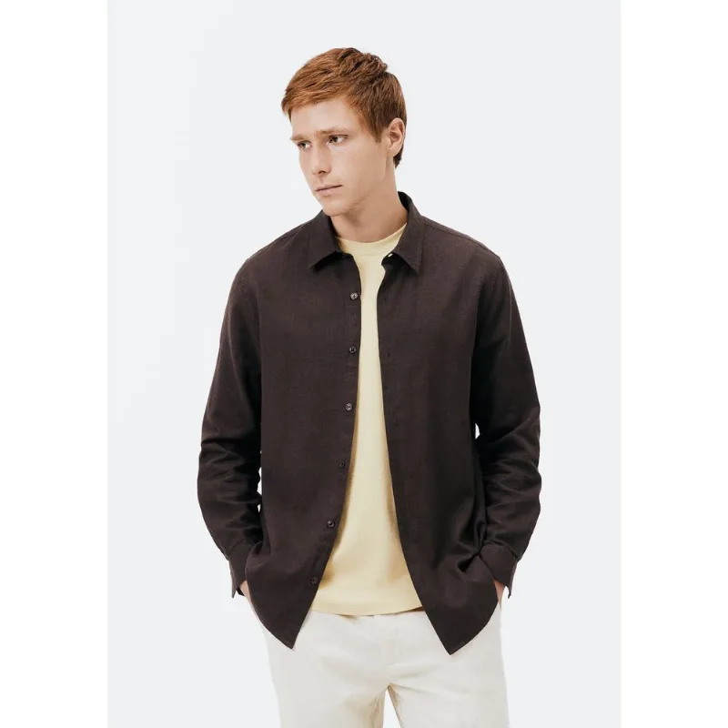 Camisa Masculina Manga Longa Slim Com Linho - Marrom P