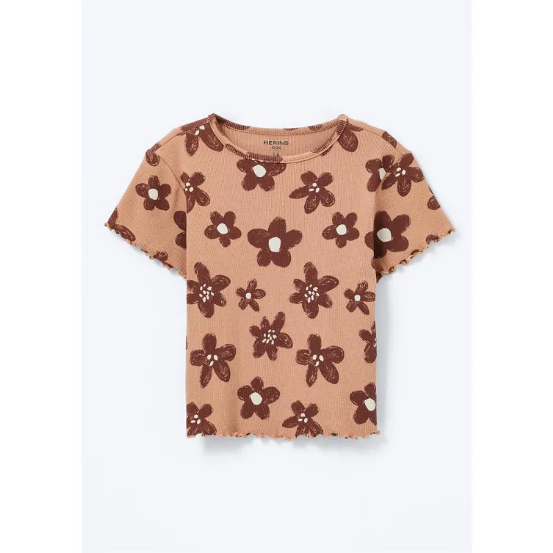 Blusa Infantil Menina Manga Curta Em Ribana Estampada - Bege 014