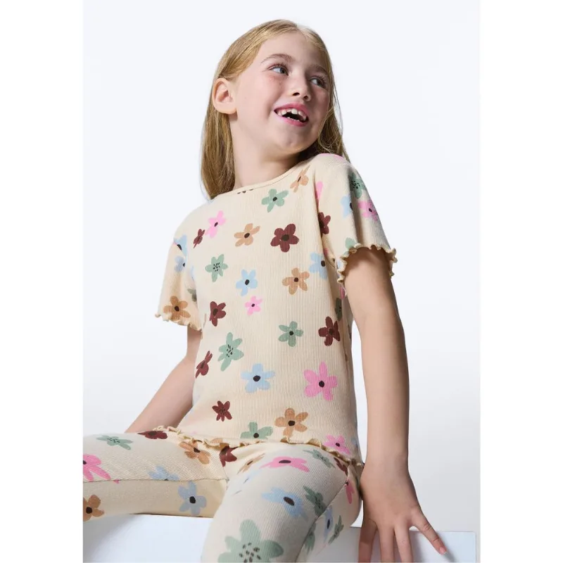 Blusa Infantil Menina Manga Curta Em Ribana Estampada - Nude 012
