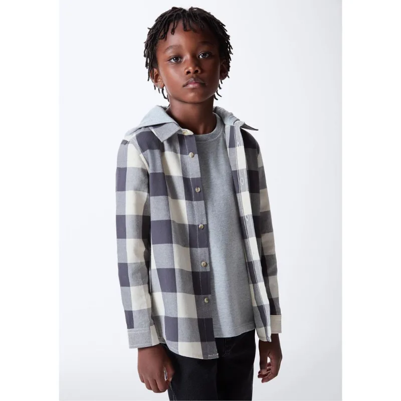 Camisa Infantil Menino Fio Tinto Xadrez Com Capuz - Cinza 010