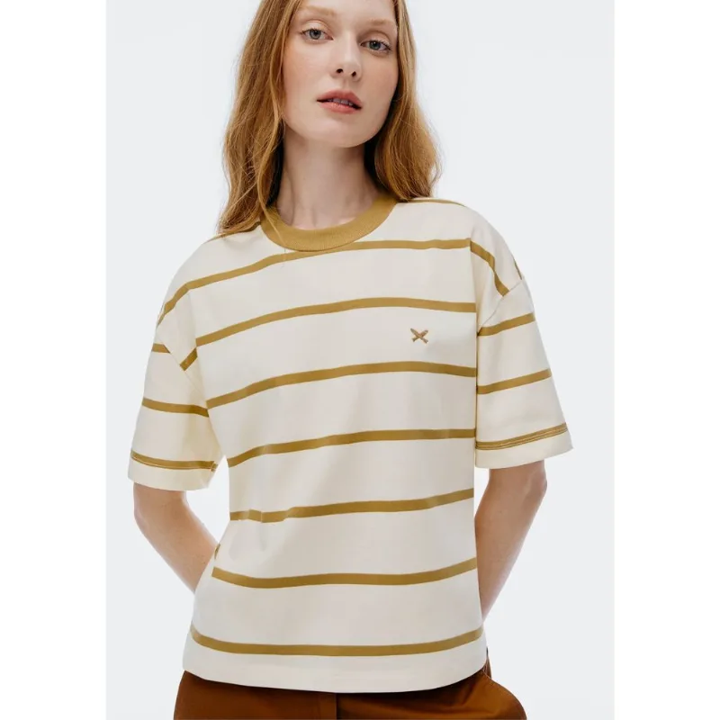 Camiseta Feminina Stripe Com Bordado - Caqui G