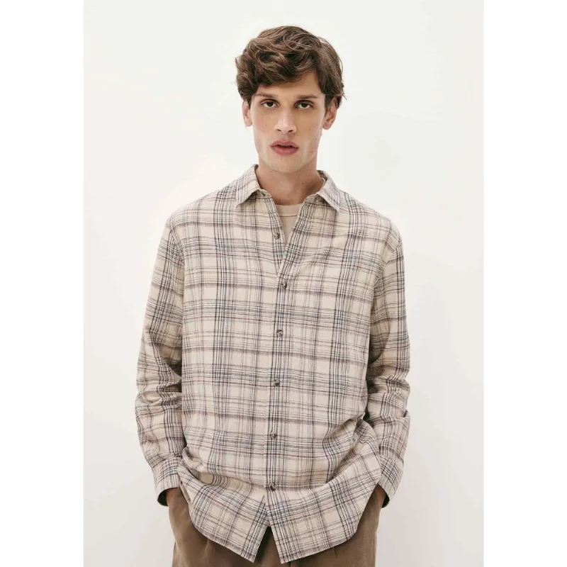 Camisa Masculina Manga Longa Xadrez Em Linho - Natural XXG