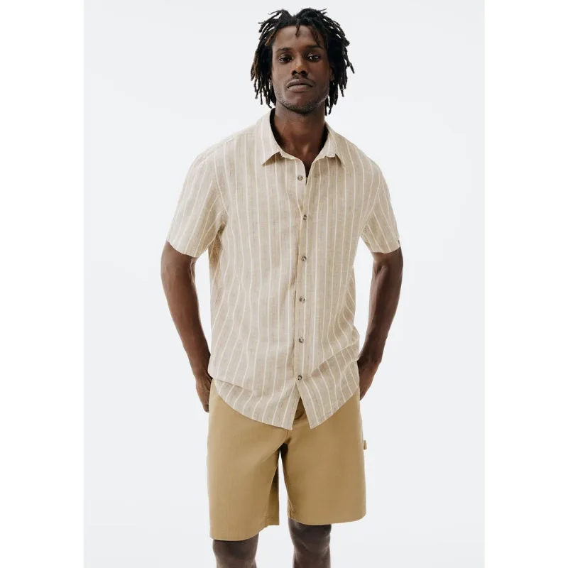 Camisa Masculina Manga Curta Fio Tinto Listrada Em Linho - Bege P