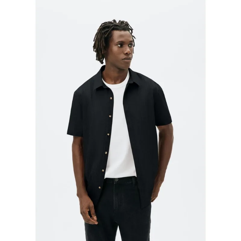 Camisa Masculina Manga Curta Fio Tinto Listrada Em Linho - Preto P