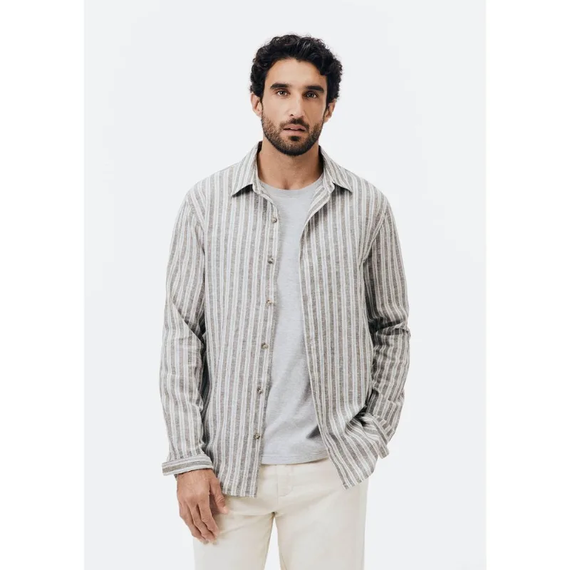 Camisa Masculina Manga Longa Listrada Em Linho - Cinza M
