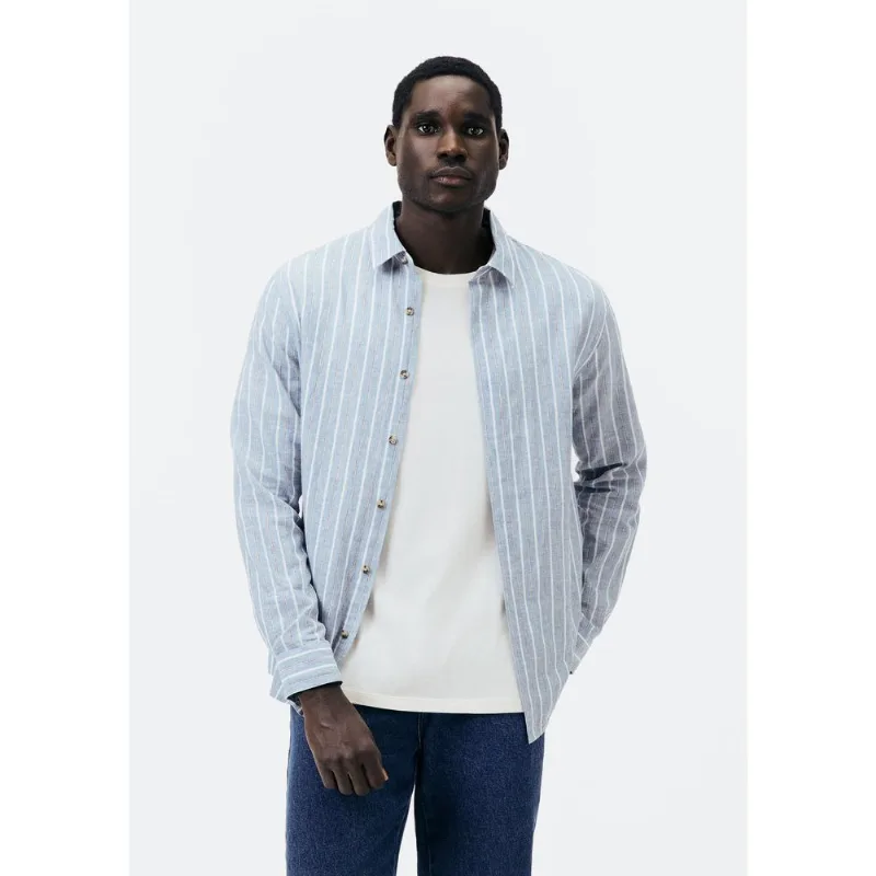 Camisa Masculina Manga Longa Listrada Em Linho - Azul M
