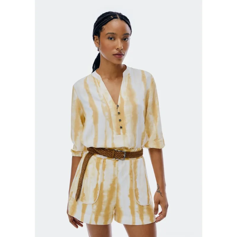 Blusa Feminina Estampada Decote V Manga Bufante - Amarelo P
