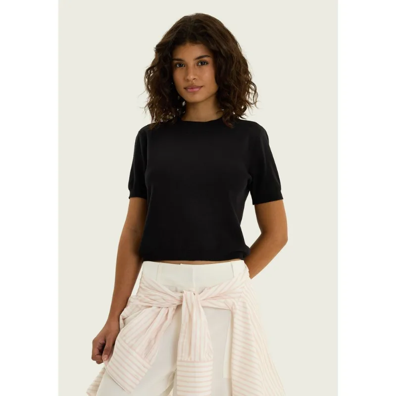 Blusa Feminina Manga Curta Em Tricô Leve - Preto G