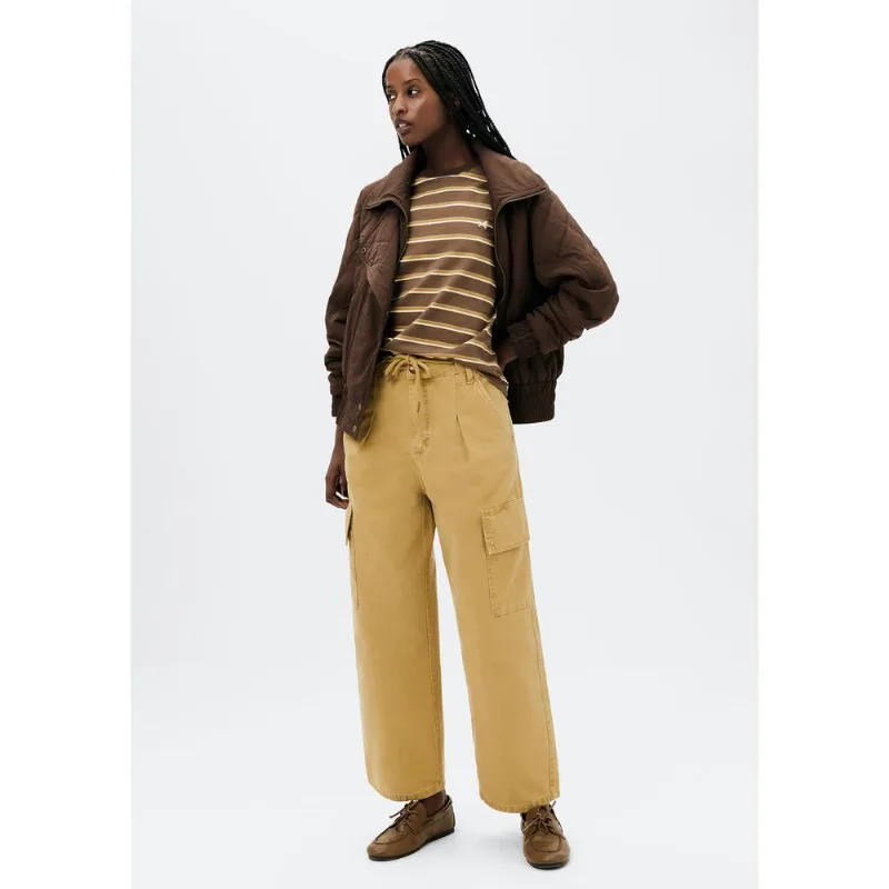 Calça Feminina Barrel Cintura Média Em Sarja - Amarelo 036