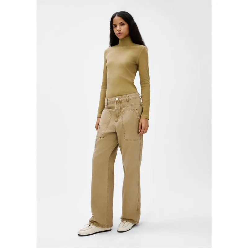Calça Feminina Reta Cintura Média Em Sarja - Caqui 046