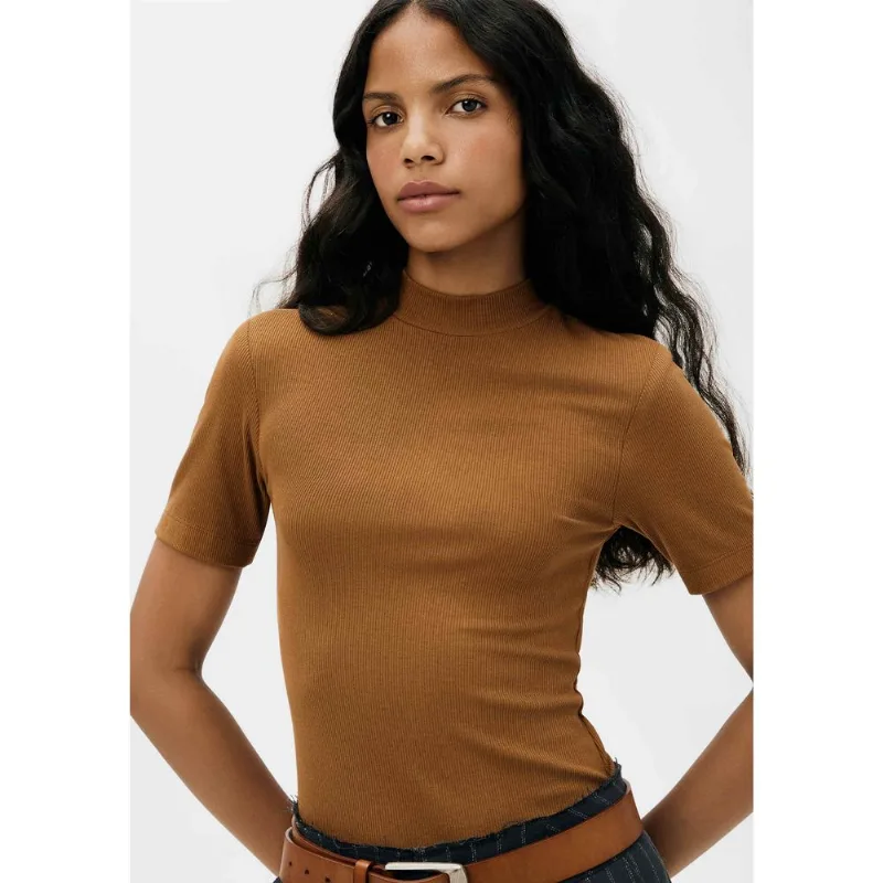 Blusa Básica Feminina Gola Alta Em Ribana Canelada - Marrom M
