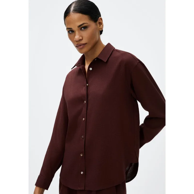 Camisa Feminina Manga Longa Oversized Em Linho - Vinho XG