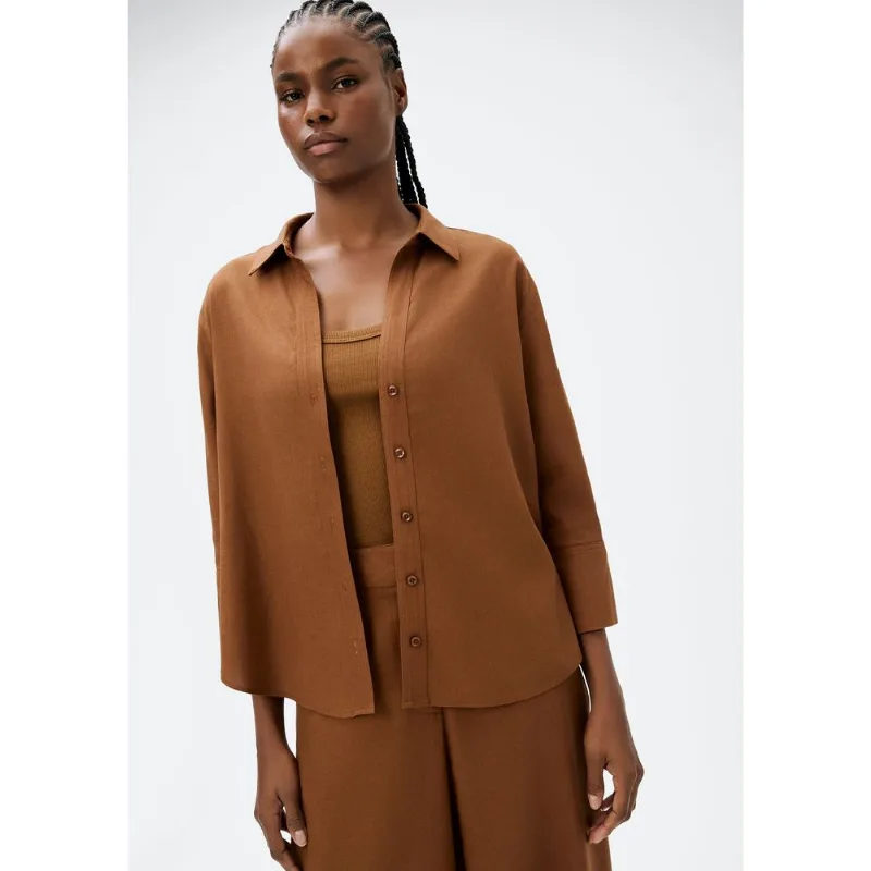 Camisa Feminina Manga 7/8 Com Linho - Marrom P