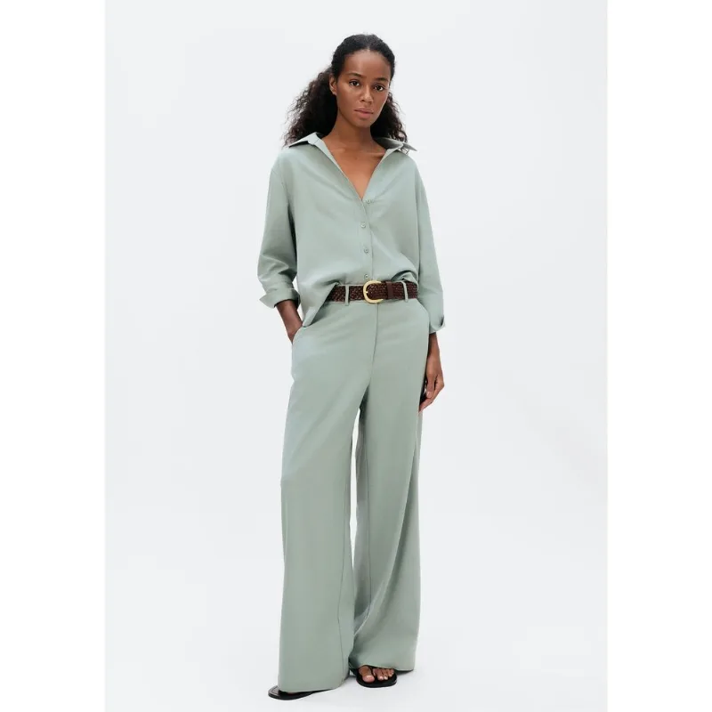 Calça Feminina Reta Cintura Alta Com Linho - Verde 046
