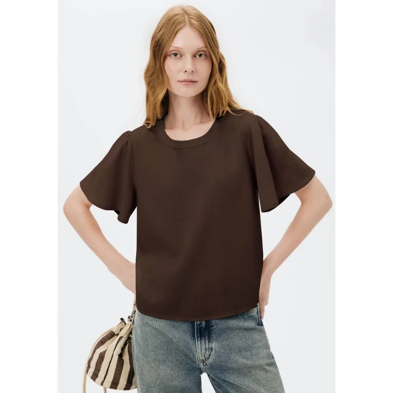 Blusa Feminina Manga Godê Com Linho - Marrom M
