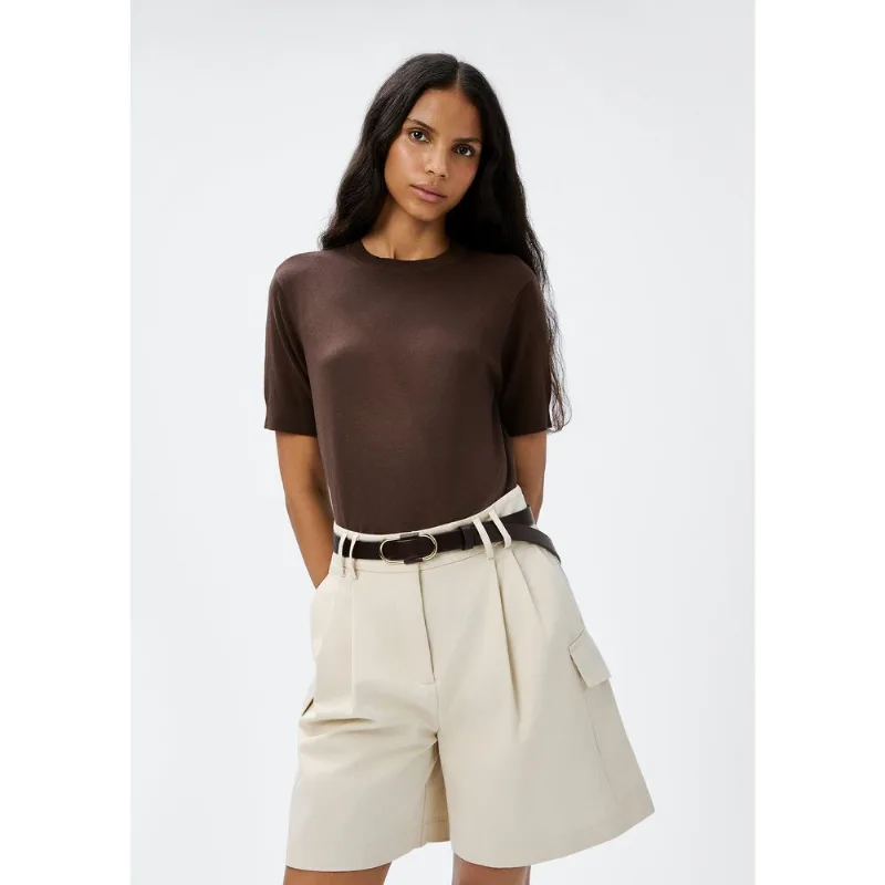 Blusa Feminina Manga Curta Em Tricô Leve - Marrom G