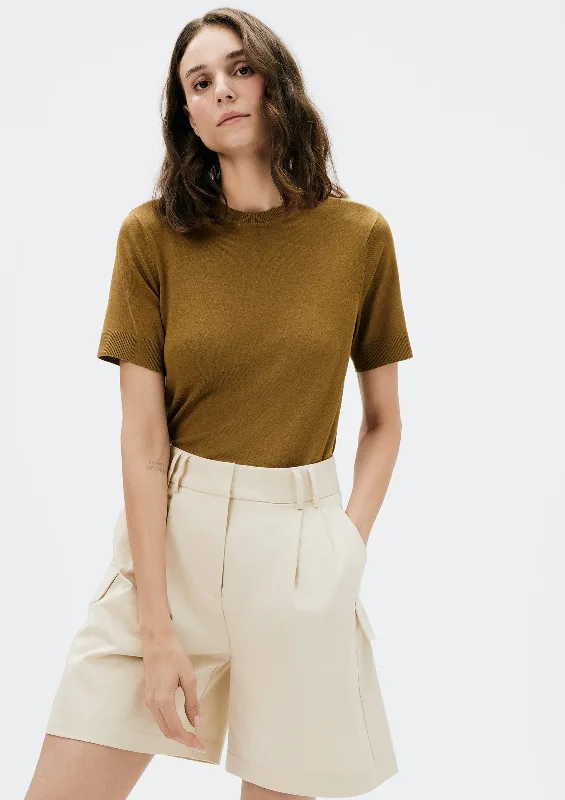 Blusa Feminina Manga Curta Em Tricô Leve - Caqui M