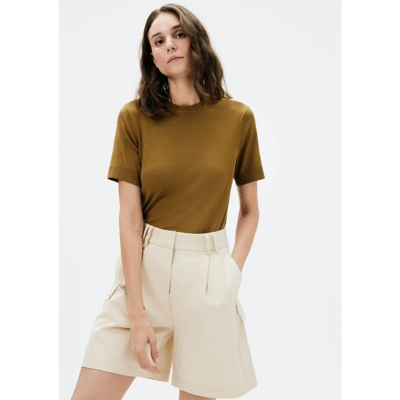 Blusa Feminina Manga Curta Em Tricô Leve - Caqui XG