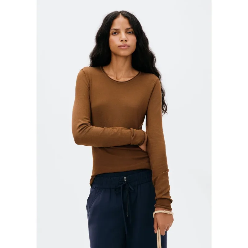Blusa Feminina Manga Longa Slim Em Tricô Leve - Marrom P