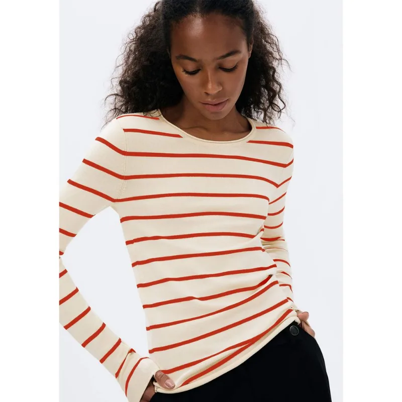 Blusa Feminina Manga Longa Slim Listrada Em Tricô - Vermelho M