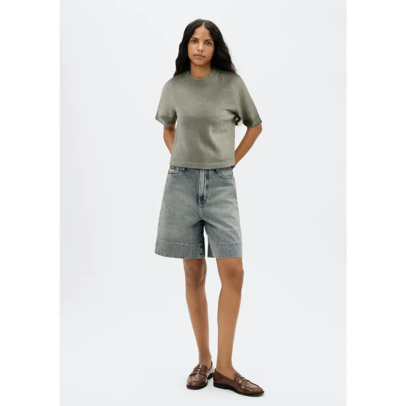 Blusa Feminina Manga Curta Em Tricô - Cinza P
