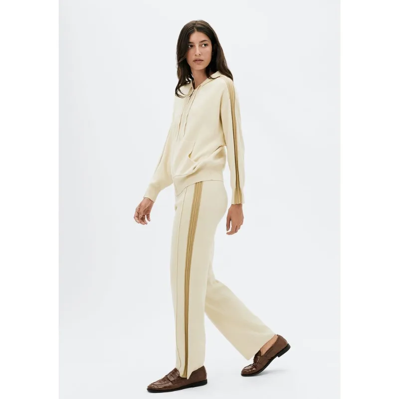 Calça Feminina Reta em Tricô com Listras Laterais - Creme 044