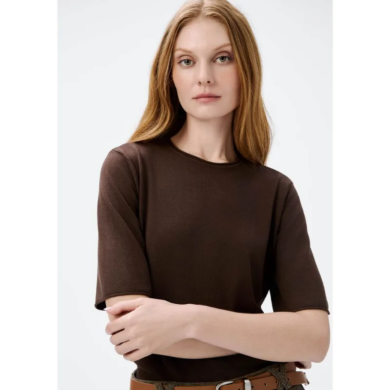Blusa Feminina Manga Curta Em Tricô Leve - Marrom G