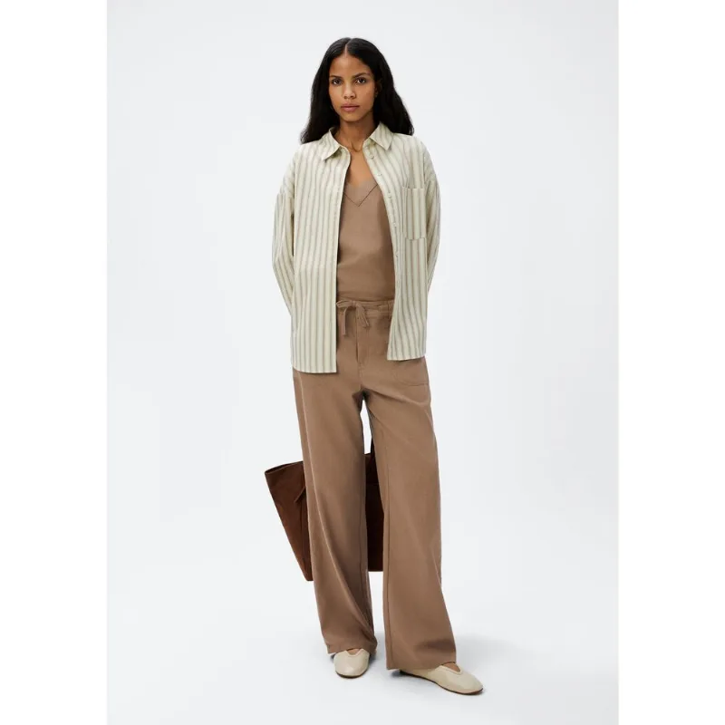 Calça Feminina Reta Cintura Alta Com Linho - Bege 046