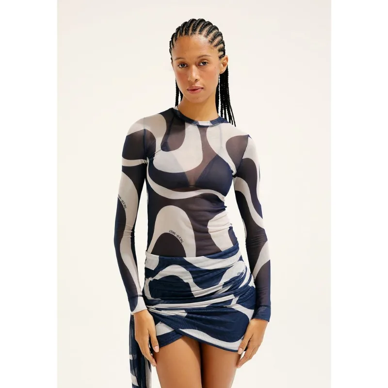 Blusa Manga Longa Estampada Em Tule Hering + Cosmo - Azul XP