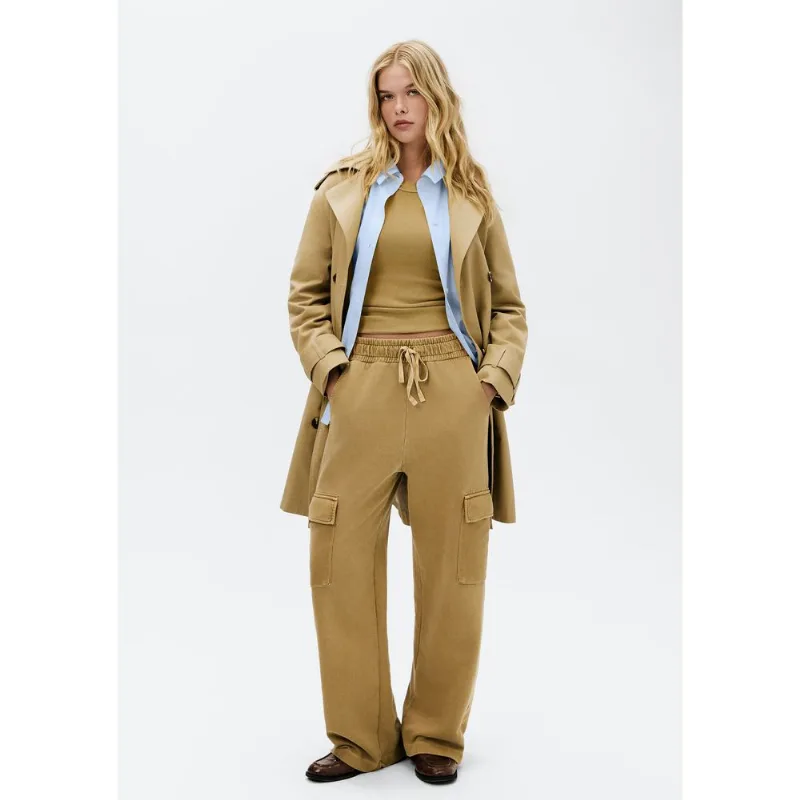 Calça Feminina Wide Leg Em Moletom Estonado - Caqui XG