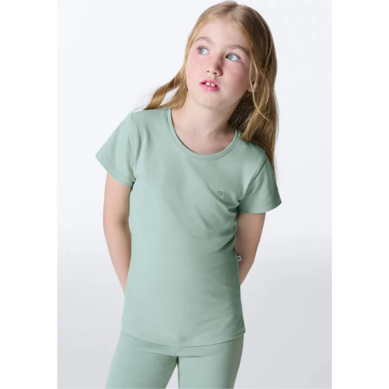 Blusa Básica Infantil Menina Manga Curta Slim Com Bordado Coração - Verde 014