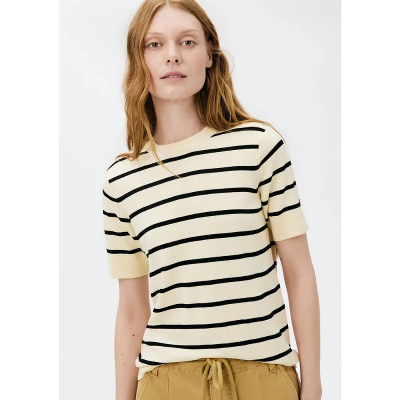 Blusa Feminina Manga Curta Listrada Em Tricô Fio Tinto - Off white G